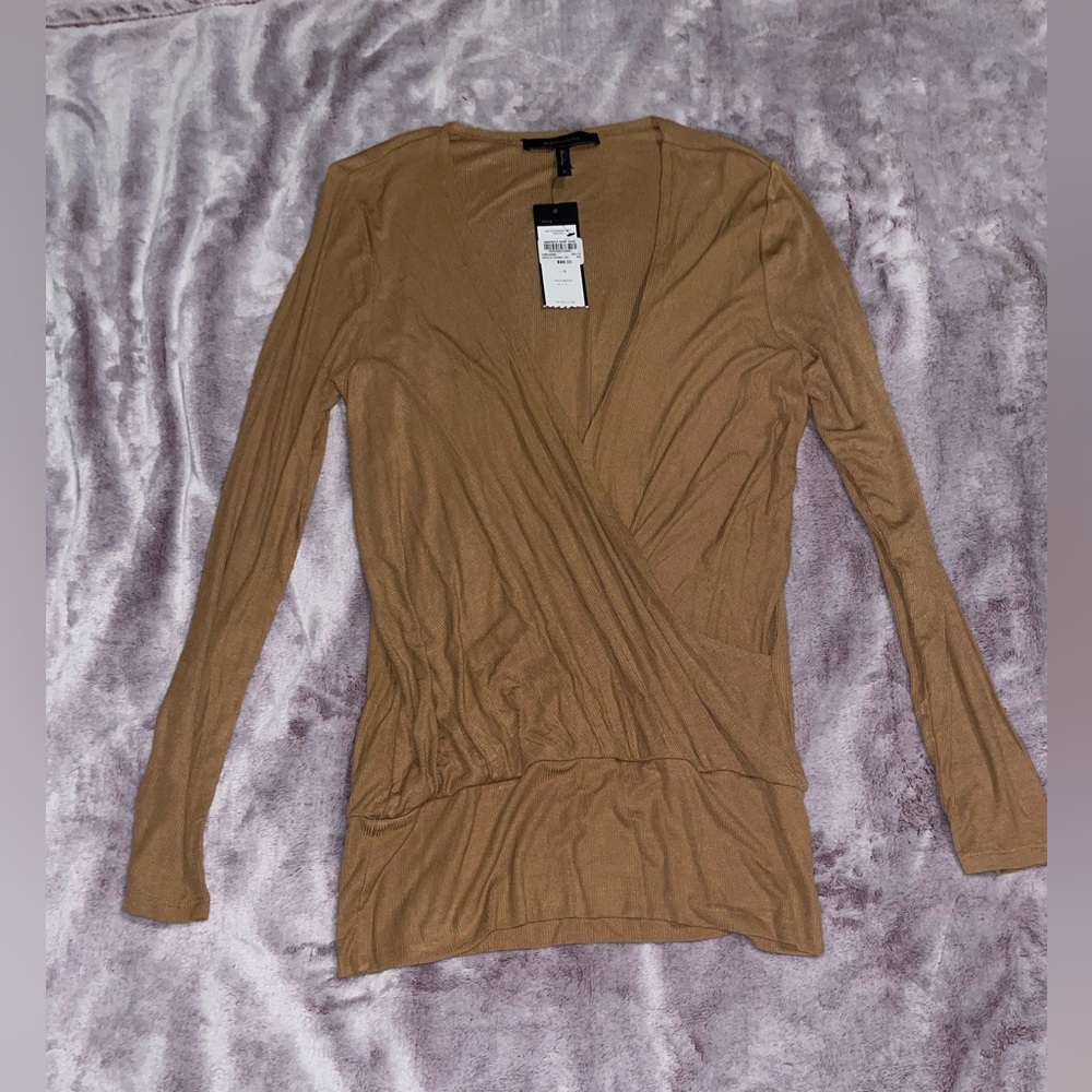 🆕 BCBGMaxAzria Tan Long Sleeve Faux Wrap Top